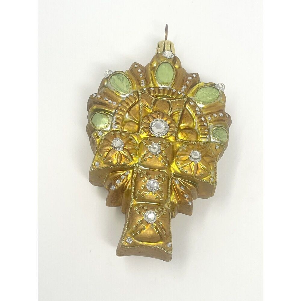 Vintage Czech Glass Christmas Ornament Cross Rhinestones Glitter Large 5”